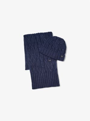 MK Cable-Knit Beanie Hat And Scarf Set - Blue - Michael Kors Michael Kors Mens