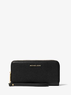 Michael Kors Saffiano Leather Double Zip Wallet Phone Case Wristlet Black  Gold