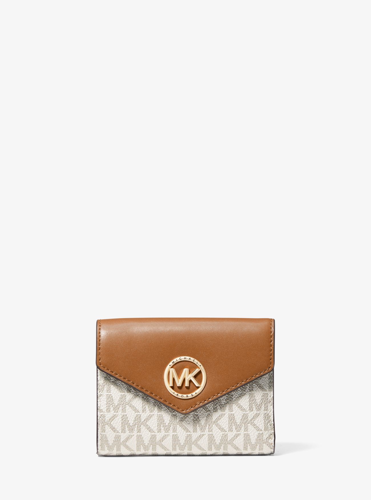 MK Carmen Medium Logo and Leather Tri-Fold Envelope Wallet - Natural - Michael Kors