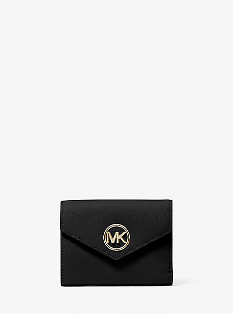 mk portefeuille enveloppe à trois volets carmen de taille moyenne en cuir saffiano - noir - michael kors