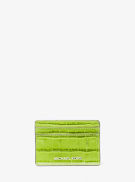 mk petit porte-cartes jet set en cuir effet crocodile en relief - vert - michael kors