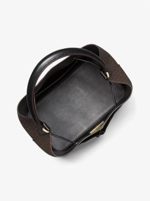 Michael Kors, Bags, New Michael Kors Suri Medium Bucket Messenger Black  Brown Leather Hand Bag New