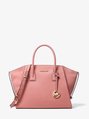 Michael Kors Avril Large Top Zip Satchel Shoulder Crossbody Bag Pink Rose  Suede 