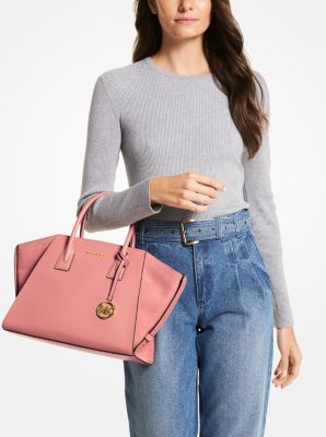 Michael Kors Avril Large Top Zip Satchel Shoulder Crossbody Bag Pink Rose  Suede 