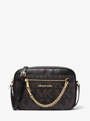 Michael Kors Jet Set Large Zip Chain Crossbody Bag Shoulder Black Leather Gold