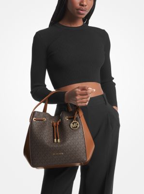 Phoebe Large Two-Tone Logo Bucket Bag in BROWN | Michael Kors