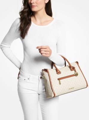 Michael Kors Carine Medium Top Zip Satchel Light Cream Pebbled Leather