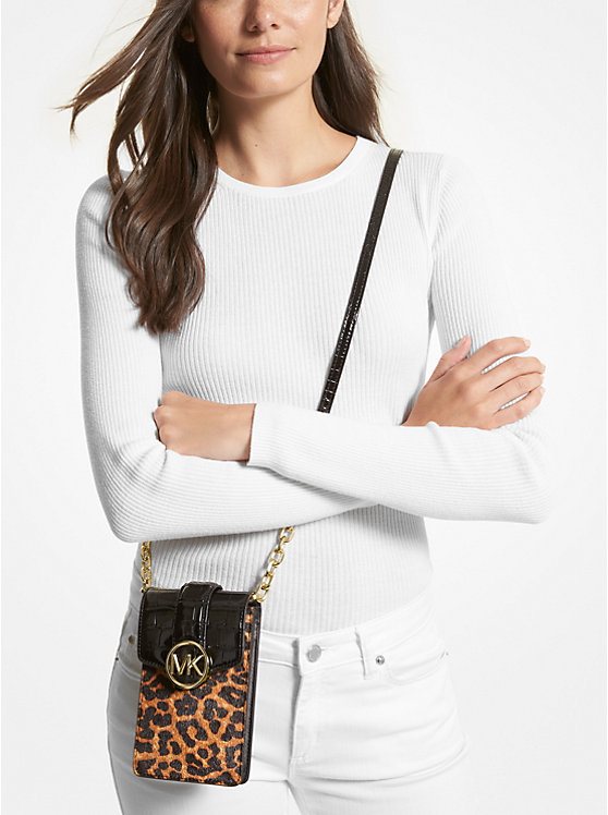 Carmen Small Printed Calf Hair and Crocodile Embossed Faux Leather  Smartphone Crossbody Bag