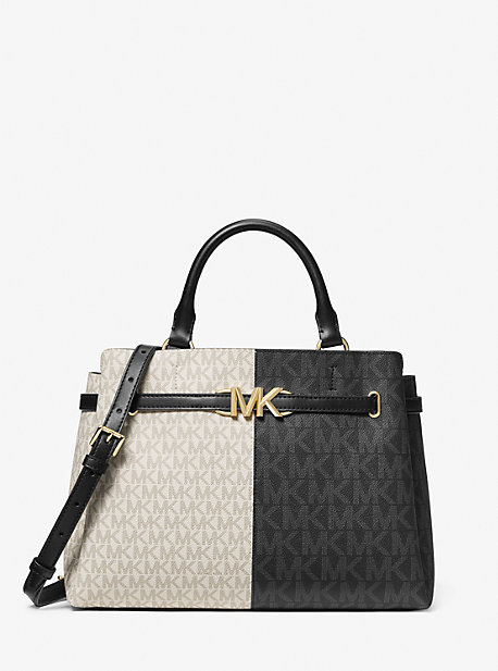 Michael Kors Reed Large Two-tone Graphic Logo Belted Satchel In Black