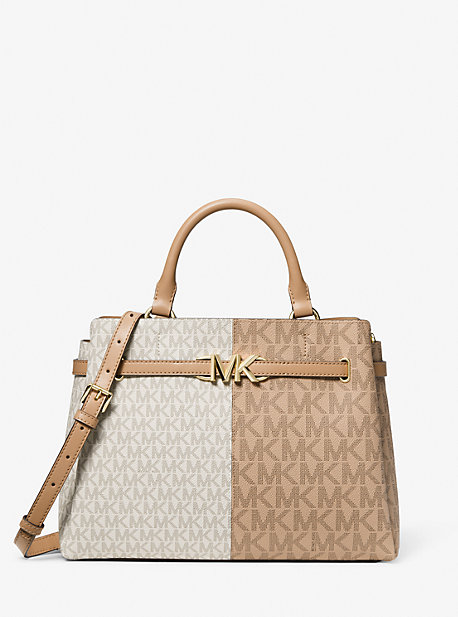 Michael Kors Reed Large Two-tone Graphic Logo Belted Satchel In Brown