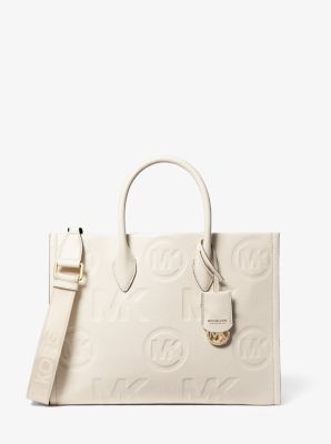 Mirella Medium Logo Embossed Pebbled Leather Tote Bag