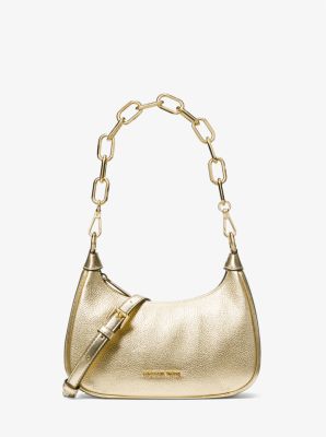 Shop Michael Kors Cora Medium Metallic Leather Shoulder Bag In Gold