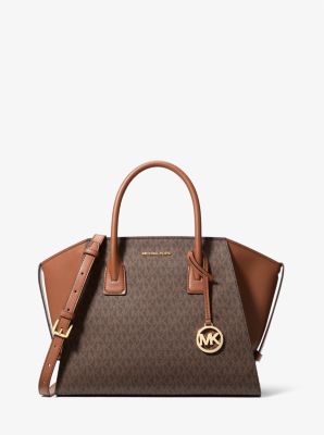 Michael Kors Avril Large Signature Logo Satchel In Brown