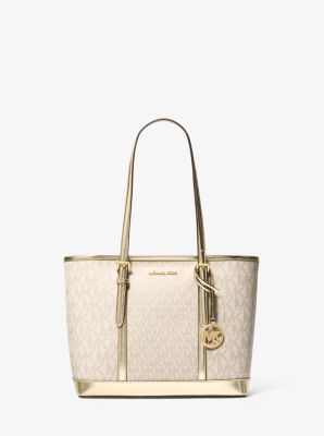 Michael Kors Jet Set Travel Small Metallic Logo Top Zip Tote Bag in Gold One Size