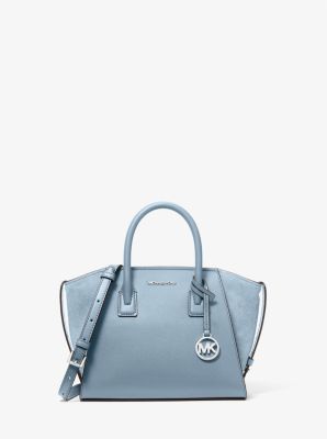 Shop Michael Kors Avril Small Leather And Suede Satchel In Blue