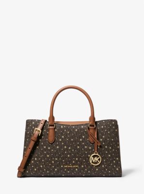Michael Kors Arden Medium Printed Signature Logo Satchel In Brown