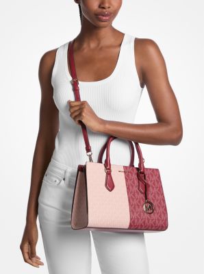 Sheila Medium Two-Tone Metallic Signature Logo Satchel