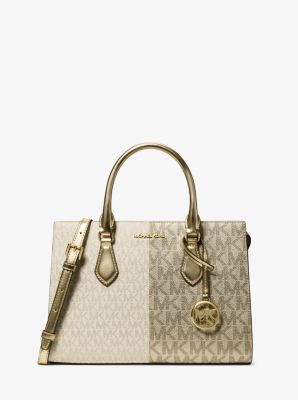 Sheila Medium Two-Tone Metallic Signature Logo Satchel