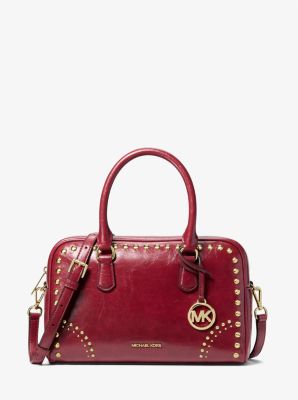 Michael Kors Thompson Medium Distressed Studded Satchel In Red