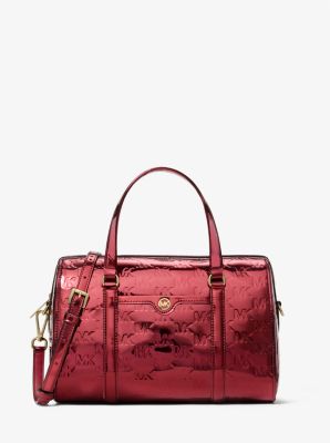 Michael Kors Jet Set Medium Metallic Logo Debossed Satchel In Red