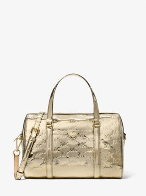 Michael Kors Jet Set Medium Metallic Logo Debossed Satchel In Gold