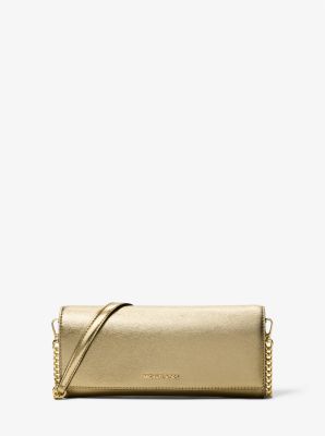 Michael Kors Jet Set Medium Embellished Metallic Leather Clutch In Gold