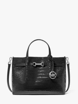Michael Kors Carson Medium Crocodile Embossed Satchel In Black
