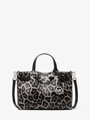 Michael Kors Carson Small Leopard Print Calf Hair Satchel In Black