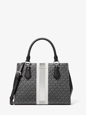 Michael Kors Marilyn Medium Signature Logo Stripe Satchel In Black