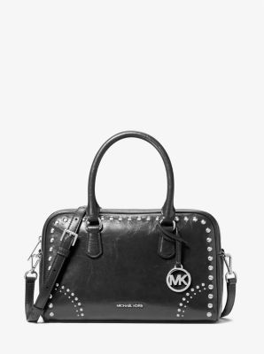 Michael Kors Thompson Medium Distressed Studded Satchel In Black