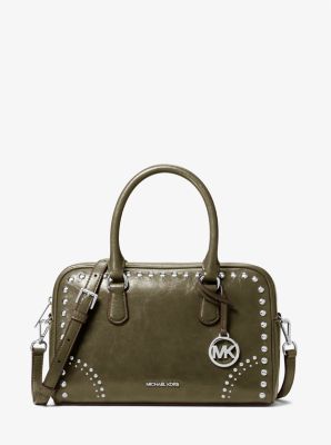 Michael Kors Thompson Medium Distressed Studded Satchel In Green
