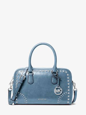 Michael Kors Thompson Medium Distressed Studded Satchel In Blue