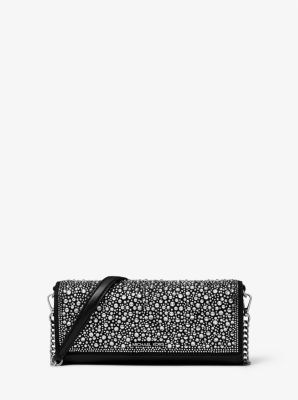 Michael Kors Jet Set Medium Embellished Metallic Leather Clutch In Black