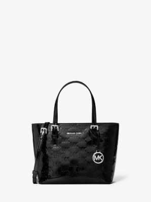 Michael Kors Jet Set Extra-small Patent Logo Debossed Convertible Tote Bag In Black