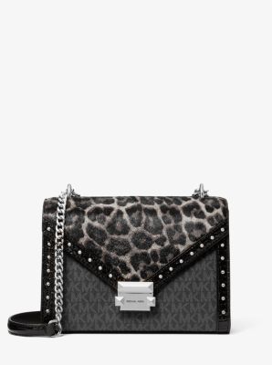 Michael Kors Whitney Medium Signature Logo And Leopard Print Calf Hair Shoulder Bag In Black