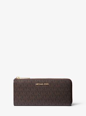 Michael Kors Jet Set Travel Large Continental Zip Wallet in Brown Logo  Printed Canvas with Leather Trim - Women's Wallet with Wristlet Strap