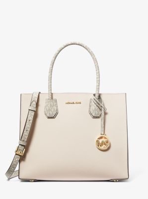 Michael Kors Outlet Mercer Large Leather and Signature Logo Accordion Tote Bag in Natural - One Size - Mk Purse