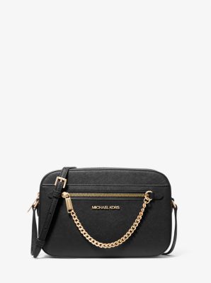 Michael Kors Jet Set Large Zip Chain Crossbody Bag Shoulder Black Leather Gold