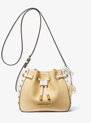 Phoebe Small Straw and Studded Faux Leather Bucket Messenger Bag