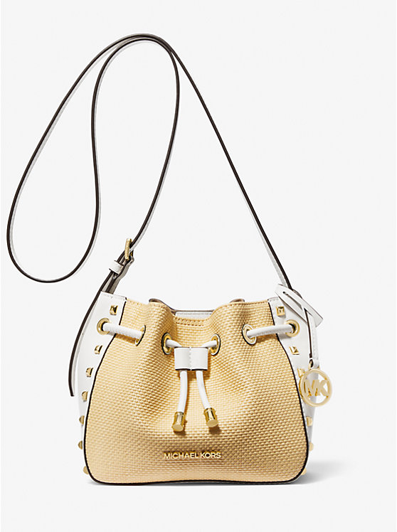 Phoebe Small Straw and Studded Faux Leather Bucket Messenger Bag ...