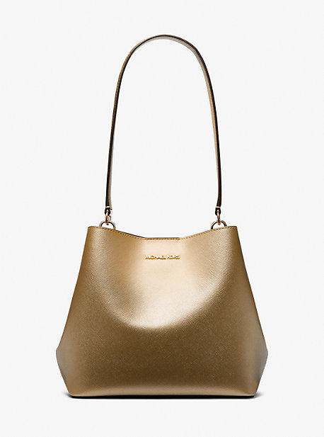 Shop Michael Kors Pratt Medium Metallic Shoulder Bag In Gold