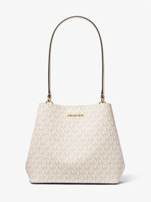 Shop Michael Kors Pratt Medium Signature Logo Shoulder Bag In Natural