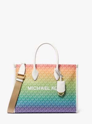 Shop Michael Kors Mirella Medium Rainbow Logo Tote Bag In Blue