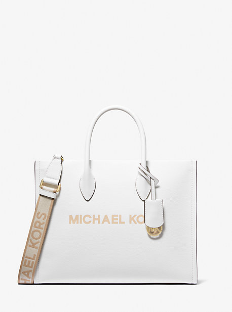 Shop Michael Kors Mirella Medium Pebbled Leather Tote Bag In White