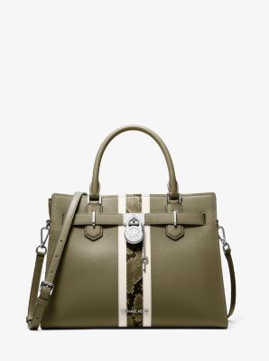 Michael Kors Hamilton Medium Leather And Snake Embossed Stripe Satchel In Green
