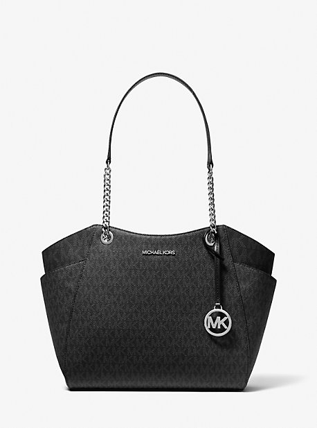 Shop Michael Kors Jet Set Large Signature Logo Shoulder Bag In Black
