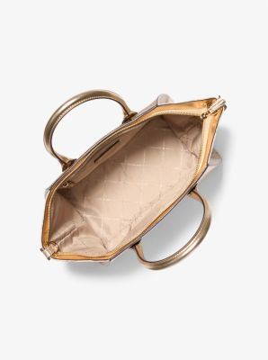 Bolso Avril satchel grande de piel metalizada y jacquard con logotipo