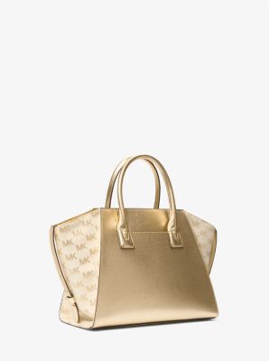Bolso Avril satchel grande de piel metalizada y jacquard con logotipo