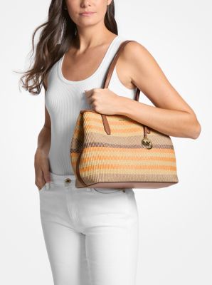 Avalon Medium Striped Woven Tote Bag in RAD ORNGE ML | Michael Kors