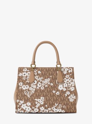 Marilyn Medium Printed Signature Logo Satchel in CAMEL | Michael Kors